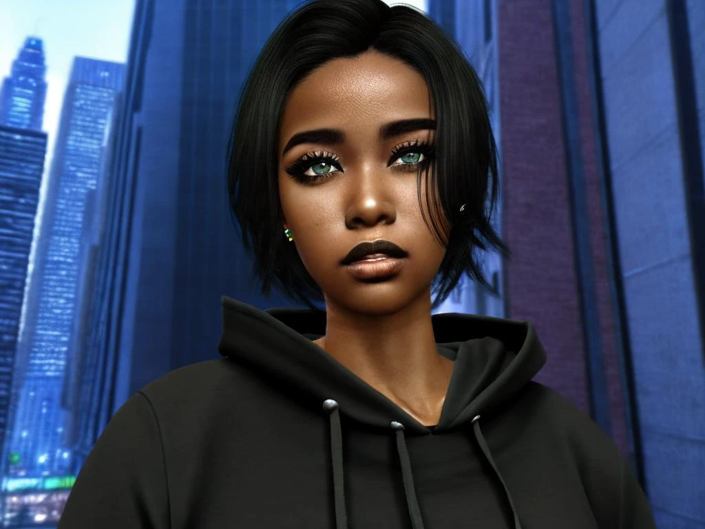 <lora:SecondLife:.7> Second Life, masterpiece, 1girl, solo, african american, dark skin, green eyes, hair over one eye, black hair, closed mouth, wearing a blue hoodie,looking at viewer, city background, shiny skin, makeup,