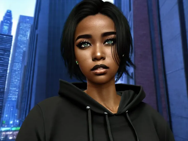 <lora:SecondLife:.7> Second Life, masterpiece, 1girl, solo,  african american,  dark skin, green eyes, hair over one eye,  black hair, closed mouth, wearing a  blue hoodie,looking at viewer, city background, shiny skin, makeup,