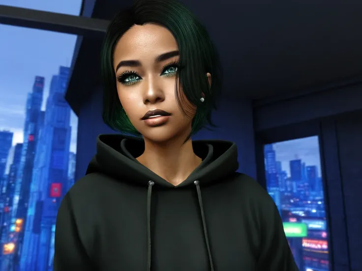 <lora:SecondLife:.7> Second Life, masterpiece, 1girl, solo, african american, dark skin, green eyes, hair over one eye, black hair, closed mouth, wearing a blue hoodie,looking at viewer, city background, shiny skin, makeup,