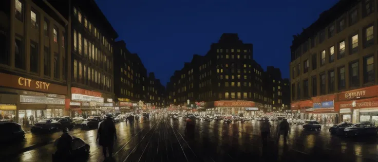 <lora:WondersStyle:1>, a painting of a city street at night with people walking on the sidewalk and cars on the street and buildings on the street