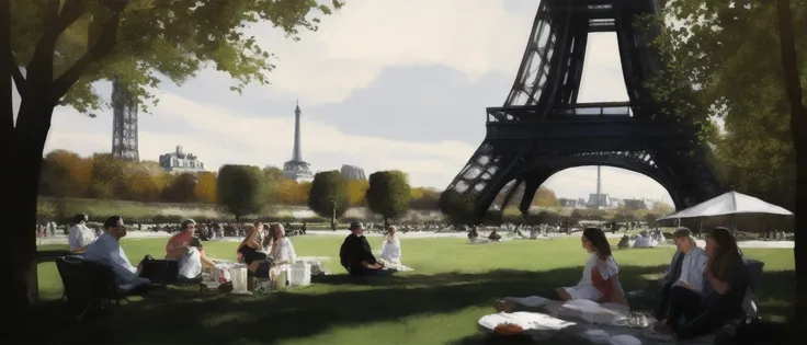 <lora:WondersStyle:1>, a painting of people sitting in a park near the eiffel tower in paris, france, with a picnic table and a tent