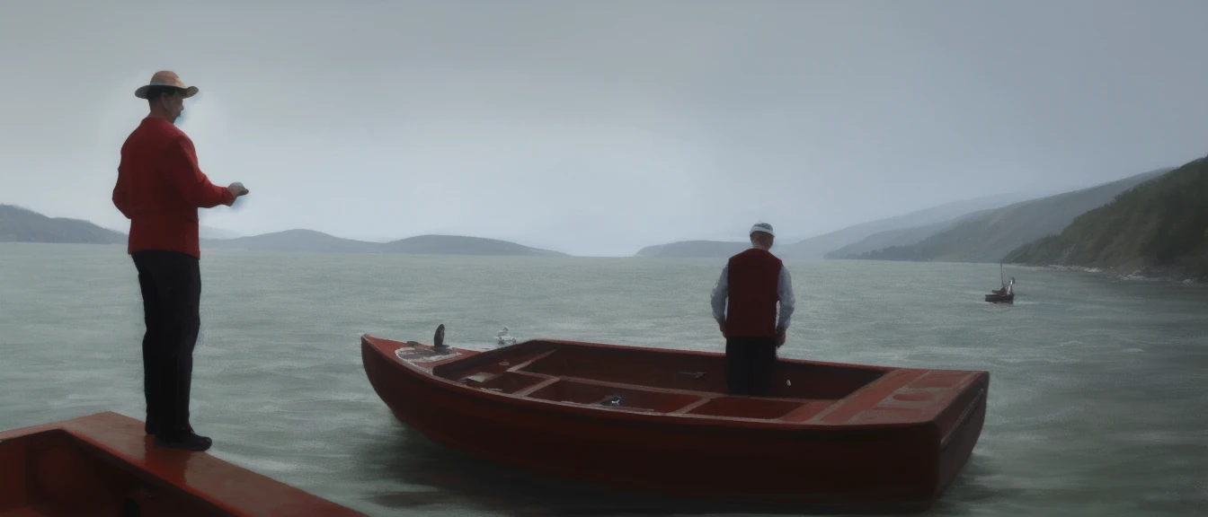 <lora:WondersStyle:1>, a painting of a man standing on a boat in the water with a person standing on a cliff in the background