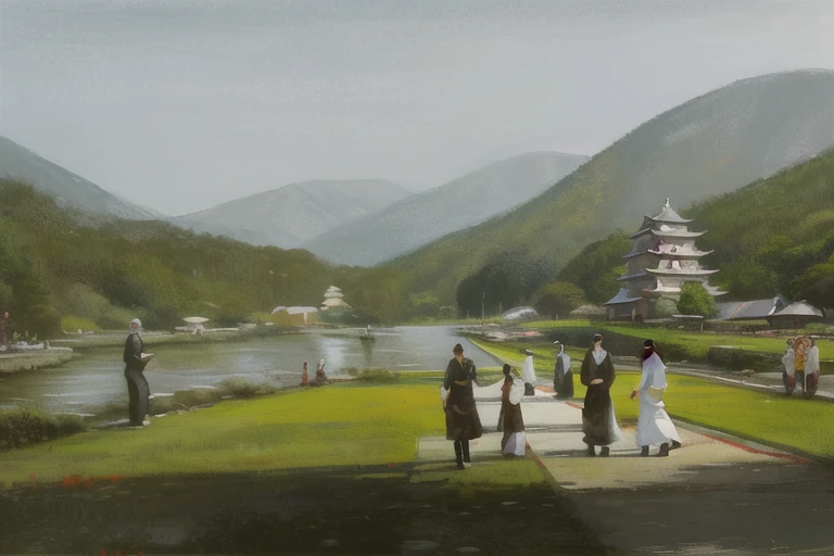 a painting of people walking around a park with a pagoda in the background and a lake in the foreground