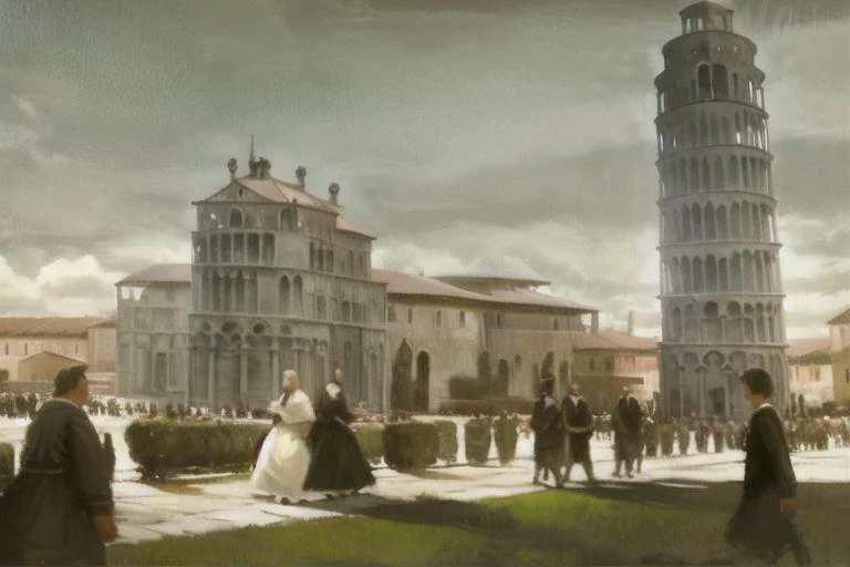 a painting of a group of people walking in front of a tower of pisa in italy, with a cloudy sky