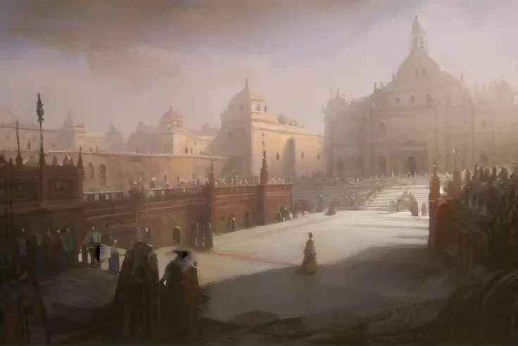 a painting of a city with a lot of people standing on top of it and a lot of buildings