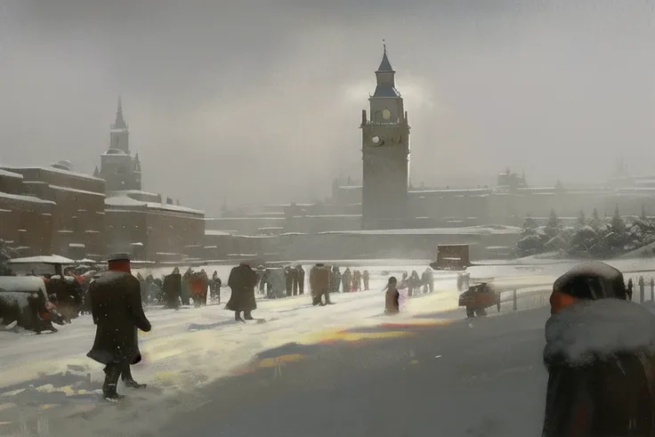 a painting of people walking in the snow in front of a building with a clock tower in the background