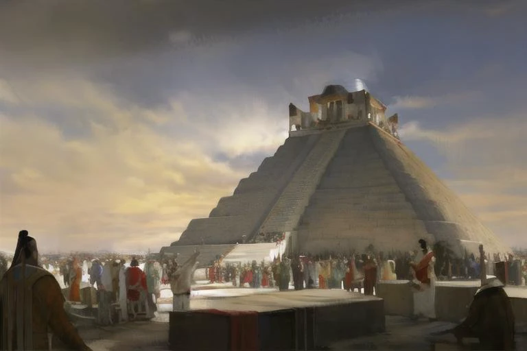 a painting of a man standing on a pyramid in the sky with a crowd of people around him and a man in a costume