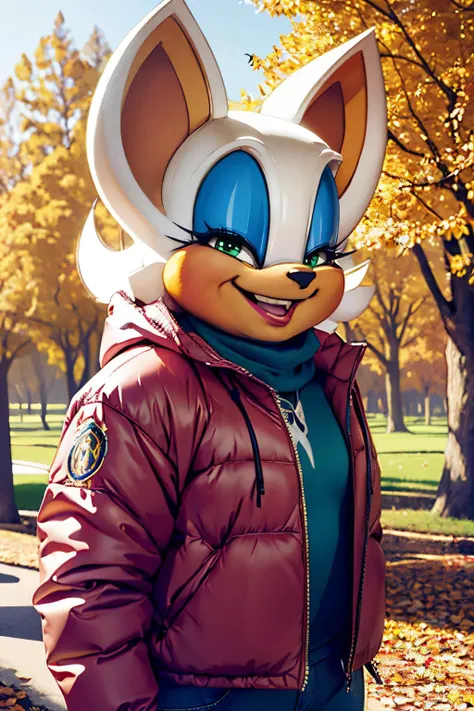 rouge the bat, furry,animal ears,green eyes, make up,  white hair, looking at viewer, smiling, standing, outside, park, trees, autumn, extreme detail, hdr, beautiful quality, <lora:Krokobyaka_Rogue_Lora-10:1>