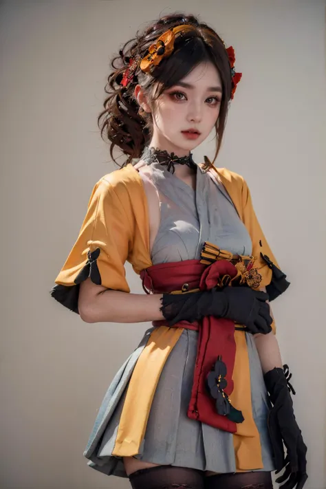 (Best Quality, Masterpiece:1.4), (Realism:1.2), (Realisitc:1.2), (Absurdres:1.2), (photorealistic:1.3), 1 girl,Realistic Skin,Solo,( Very Big Eyes,beautiful detailed eyes, symmetric eyes,), chiori, lace pantyhose, forearm gloves, cowboy shot, simple background, <lora:chiori-gi-v2g:1>