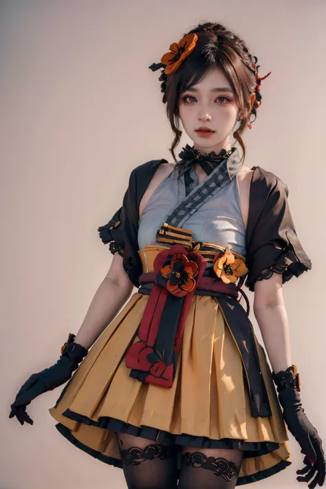 (Best Quality, Masterpiece:1.4), (Realism:1.2), (Realisitc:1.2), (Absurdres:1.2), (photorealistic:1.3), 1 girl,Realistic Skin,Solo,( Very Big Eyes,beautiful detailed eyes, symmetric eyes,), chiori, lace pantyhose, forearm gloves, cowboy shot, simple background, <lora:chiori-gi-v2g:1>