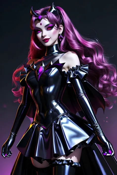 EvlSM, MEvil, Bad_End_Precure, DarkPrecure, adult, evil corrupted princess wearing dark pastel (ruffled:1) (gleaming latex:1) gown with (long latex cape:1) and latex elbow gauntlets, soft lighting, ruffles,
(red eyes, colored skin, glowing eyes, evil smile),
(makeup, lipstick, mascara, eyeshadow),
<lora:more_details:0.5>,