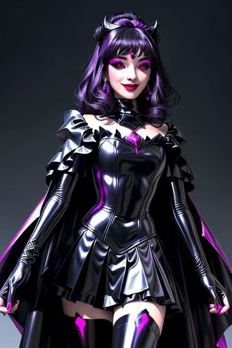 EvlSM, MEvil, Bad_End_Precure, DarkPrecure, adult, evil corrupted princess wearing dark pastel (ruffled:1) (gleaming latex:1)  gown with (long latex cape:1) and latex elbow gauntlets, soft lighting, ruffles,
(red eyes, colored skin, glowing eyes, evil smile),
(makeup, lipstick, mascara, eyeshadow),
<lora:more_details:0.5>,