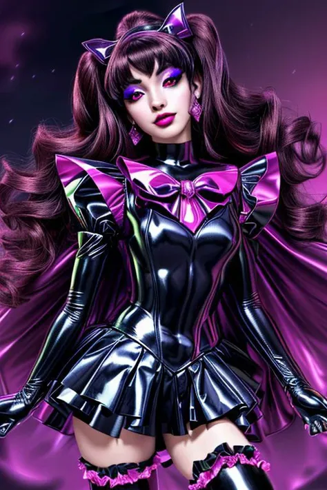 (best quality,4k,8k,highres,masterpiece:1.2),ultra-detailed,(realistic,photorealistic,photo-realistic:1.37) A sexy beautiful female supervillian who is a demigoddess , purple eyes and dark purple curly hair. She wears a skin tight pink sleeveless leotard, with a loincloth with a heart shaped symbol , she has gold bracelets high resolution portrait photography by artgerm, in the style of realism, glistening skin,natural lighting, Defined full lips. feminine body