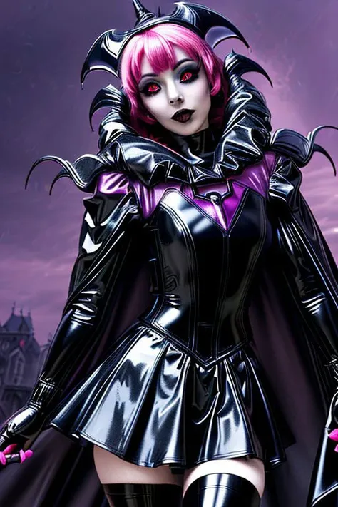 MEvil, EvlSM, Bad_End_Precure, DarkPrecure, adult, evil corrupted princess wearing dark pastel (ruffled:1) (gleaming latex:1) (sailor senshi uniform) with (long latex vampire cloak:1.5) and latex gauntlets, soft lighting, ruffles,
(makeup, lipstick, mascara, eyeshadow),
(red eyes, colored skin, glowing eyes, evil smile),
<lora:more_details:0.5>,