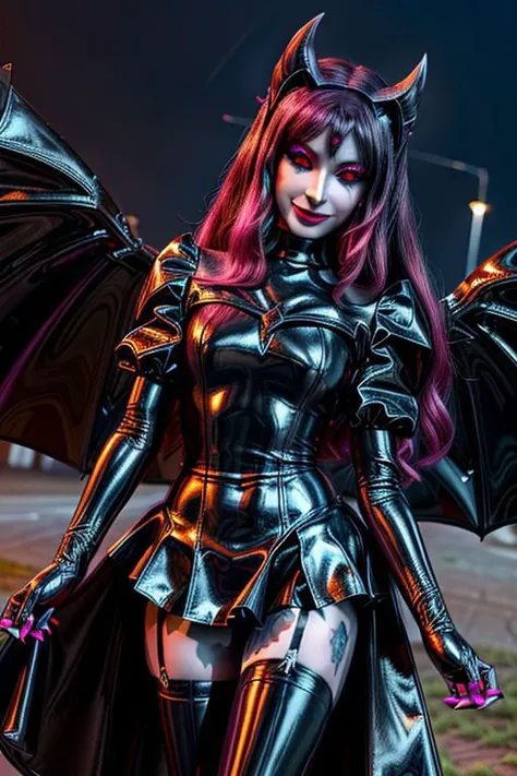 DemonicT, EvlSM, MEvil, Bad_End_Precure, DarkPrecure, adult, evil corrupted princess wearing dark pastel (ruffled:1) (gleaming latex:1) gown with (long latex cape:1) and latex elbow gauntlets, soft lighting, ruffles,
(red eyes, colored skin, glowing eyes, evil smile),
(makeup, lipstick, mascara, eyeshadow),
(blue skin, black sclera, colored sclera, colored skin, yellow eyes, demon wings, demon horns, slit pupils),
<lora:more_details:1>,