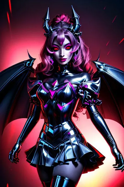MEvil, DemonicT, EvlSM, Bad_End_Precure, DarkPrecure, adult, evil corrupted princess wearing dark pastel (ruffled:1) (gleaming latex:1) gown with (long latex cape:1) and latex gauntlets, soft lighting, ruffles,
(makeup, lipstick, mascara, eyeshadow),
(blue skin, black sclera, colored sclera, colored skin, yellow eyes, demon wings, demon horns, slit pupils),
(red eyes, colored skin, glowing eyes, evil smile),
<lora:more_details:1>,