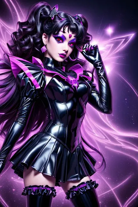 MEvil, EvlSM, Bad_End_Precure, DarkPrecure, adult, evil corrupted princess wearing dark pastel (ruffled:1) (gleaming latex:1) (sailor senshi uniform) with (long latex cape:1) and latex gauntlets, soft lighting, ruffles,
(makeup, lipstick, mascara, eyeshadow),
(red eyes, colored skin, glowing eyes, evil smile),
<lora:more_details:0.5>,