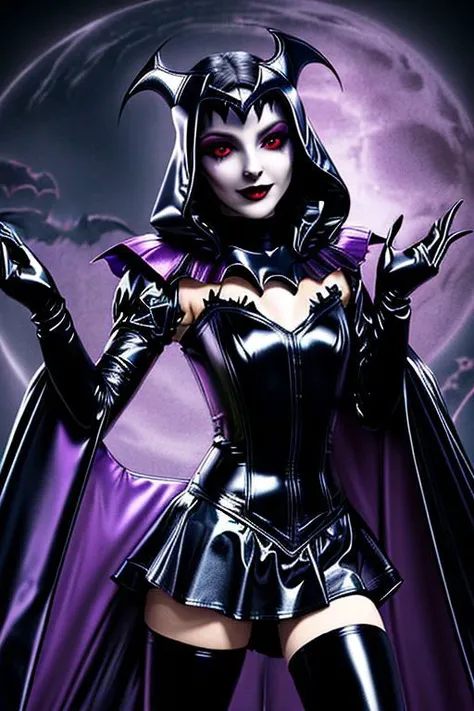 MEvil, EvlSM, Bad_End_Precure, DarkPrecure, adult, evil corrupted princess wearing dark pastel (ruffled:1) (gleaming latex:1) (sailor senshi uniform) with (long latex vampire cloak:1.5) and latex gauntlets, soft lighting, ruffles,
( long legs, crescent, crescent facial mark, makeup, lipstick, mascara, eyeshadow),
(red eyes, colored skin, glowing eyes, evil smile),
(vmpr),
<lora:more_details:0.5>,