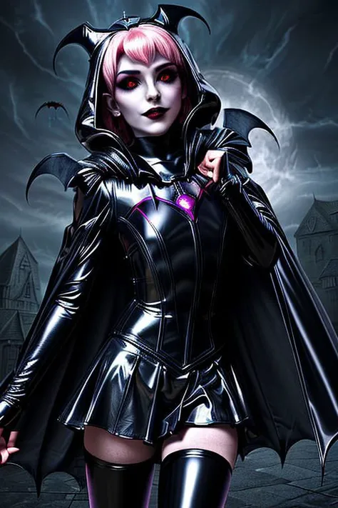 MEvil, EvlSM, Bad_End_Precure, DarkPrecure, adult, evil corrupted blonde princess wearing dark pastel (ruffled:1) (gleaming latex:1) (sailor senshi uniform) with (long latex vampire cloak:1.5) and latex gauntlets, soft lighting, ruffles,
( long legs, crescent, crescent facial mark, makeup, lipstick, mascara, eyeshadow),
(red eyes, colored skin, glowing eyes, evil smile),
(vmpr),
<lora:more_details:0.5>,