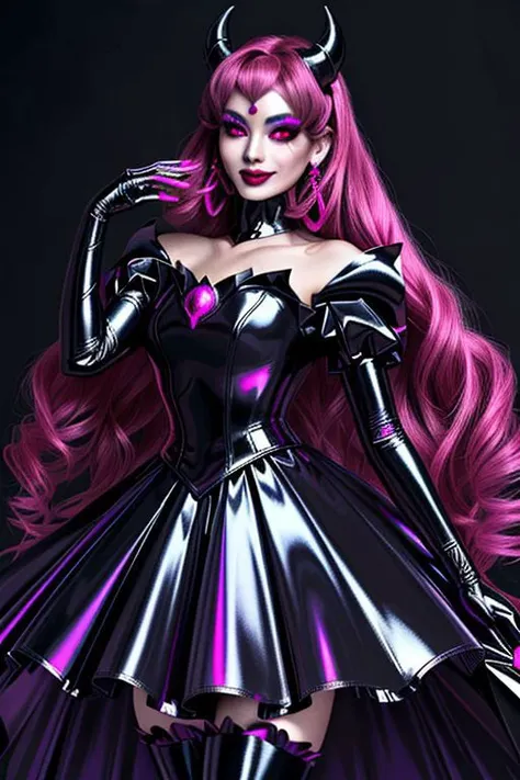 EvlSM, MEvil, Bad_End_Precure, DarkPrecure, adult, evil corrupted princess wearing dark pastel (ruffled:1) (gleaming latex:1) gown with (long latex cape:1) and latex elbow gauntlets, soft lighting, ruffles,
(red eyes, colored skin, glowing eyes, evil smile),
(makeup, lipstick, mascara, eyeshadow),
<lora:more_details:0.5>,