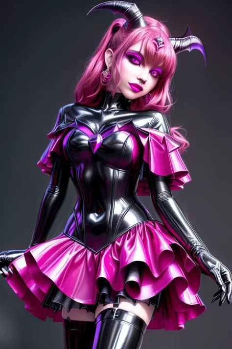 SuccubusT, EvlSM, MEvil, Bad_End_Precure, DarkPrecure, adult, evil corrupted princess wearing dark pastel (ruffled:1) (gleaming latex:1) gown with (long latex cape:1) and latex elbow gauntlets, soft lighting, ruffles,
(red eyes, colored skin, glowing eyes, evil smile),
(makeup, lipstick, mascara, eyeshadow),
(demon horns, demon wings),
<lora:more_details:1>,