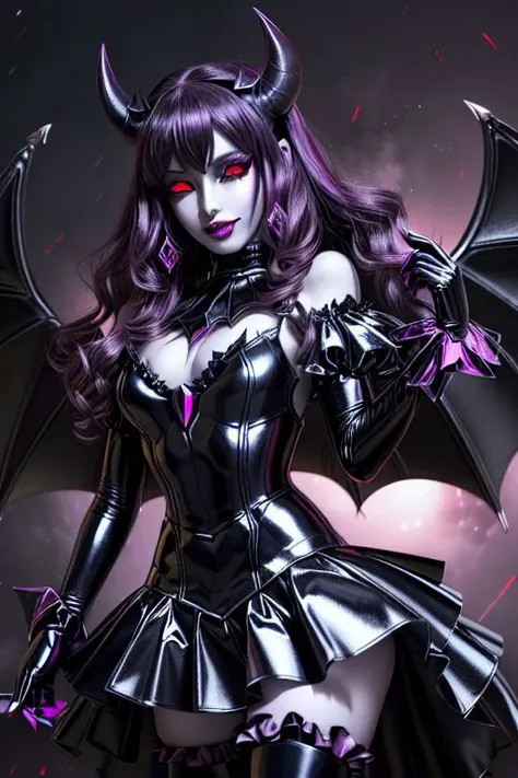 MEvil, DemonicT, EvlSM, Bad_End_Precure, DarkPrecure, adult, evil corrupted princess wearing dark pastel (ruffled:1) (gleaming latex:1) gown with (long latex cape:1) and latex gauntlets, soft lighting, ruffles,
(makeup, lipstick, mascara, eyeshadow),
(blue skin, black sclera, colored sclera, colored skin, yellow eyes, demon wings, demon horns, slit pupils),
(red eyes, colored skin, glowing eyes, evil smile),
<lora:more_details:0.5>,
