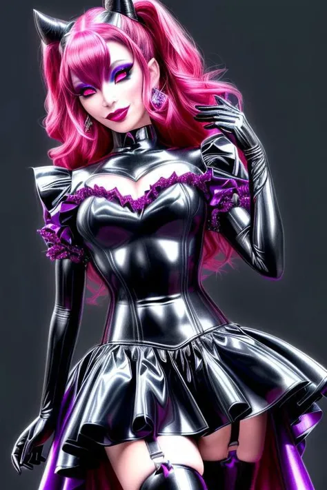 EvlSM, MEvil, Bad_End_Precure, DarkPrecure, adult, evil corrupted princess wearing dark pastel (ruffled:1) (gleaming latex:1)  gown with (long latex cape:1) and latex elbow gauntlets, soft lighting, ruffles,
(red eyes, colored skin, glowing eyes, evil smile),
(makeup, lipstick, mascara, eyeshadow),
<lora:more_details:1>,