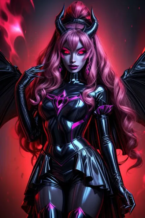 MEvil, DemonicT, EvlSM, Bad_End_Precure, DarkPrecure, adult, evil corrupted princess wearing dark pastel (ruffled:1) (gleaming latex:1) gown with (long latex cape:1) and latex gauntlets, soft lighting, ruffles,
(makeup, lipstick, mascara, eyeshadow),
(blue skin, black sclera, colored sclera, colored skin, yellow eyes, demon wings, demon horns, slit pupils),
(red eyes, colored skin, glowing eyes, evil smile),
<lora:more_details:1>,