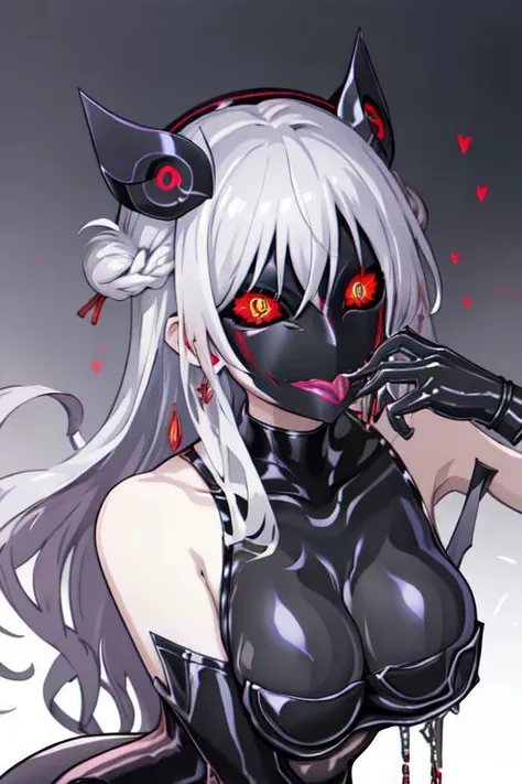 3girls, <lora:MaskedEvil-18:1>, MEvil, colored skin, glowing eyes, red eyes, evil smile, naughty face, tongue out, hand on own face, huge breasts,