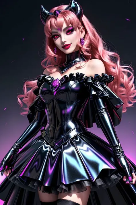 EvlSM, MEvil, Bad_End_Precure, DarkPrecure, adult, evil corrupted blonde princess wearing dark pastel (ruffled:1) (gleaming latex:1)  gown with (long latex cape:1) and latex elbow gauntlets, soft lighting, ruffles,
(red eyes, colored skin, glowing eyes, evil smile:1),
(makeup, lipstick, mascara, eyeshadow:1),
<lora:more_details:0.5>,