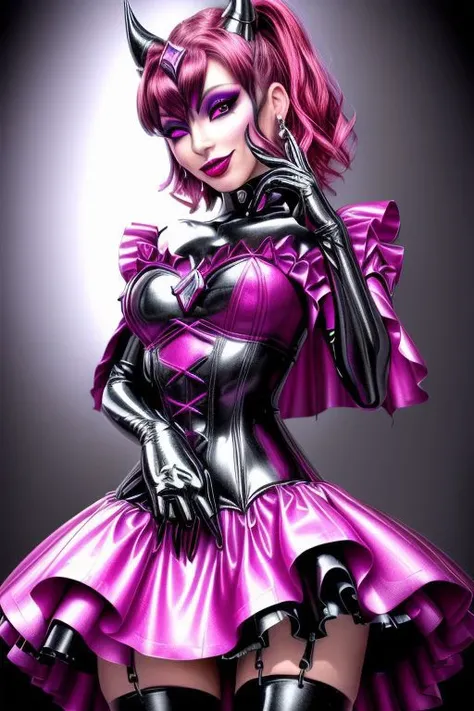 EvlSM, MEvil, Bad_End_Precure, DarkPrecure, adult, evil corrupted princess wearing dark pastel (ruffled:1) (gleaming latex:1)  gown with (long latex cape:1) and latex elbow gauntlets, soft lighting, ruffles,
(evil smile),
(makeup, lipstick, mascara, eyeshadow),
<lora:more_details:1>,