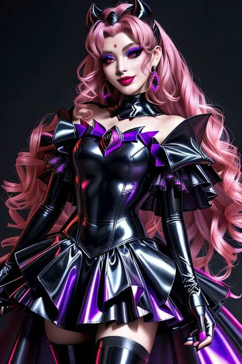 evil corrupted young princess wearing dark pastel (ruffled:1) (gleaming latex:1) EvlSM DarkPrecure Bad_End_Precure gown with (long latex cape:1) and latex elbow bridal gauntlets, (Perfect Face:1), soft lighting, glossy red lips, ruffles,
<lora:more_details:1>