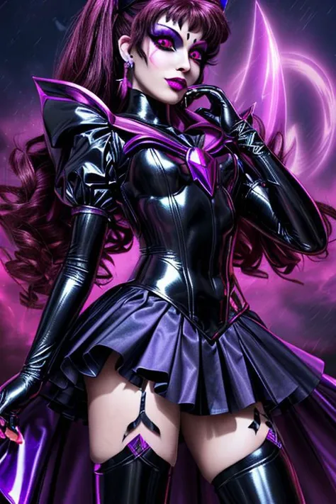 MEvil, EvlSM, Bad_End_Precure, DarkPrecure, adult, evil corrupted princess wearing dark pastel (ruffled:1) (gleaming latex:1) (sailor senshi uniform) with (long latex vampire cloak:1) and latex gauntlets, soft lighting, ruffles,
(makeup, lipstick, mascara, eyeshadow),
(red eyes, colored skin, glowing eyes, evil smile),
<lora:more_details:0.5>,