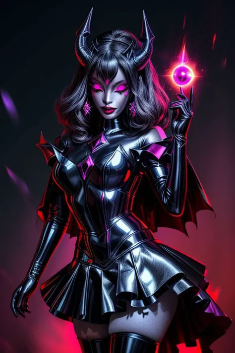 MEvil, DemonicT, EvlSM, Bad_End_Precure, DarkPrecure, adult, evil corrupted princess wearing dark pastel (ruffled:1) (gleaming latex:1) gown with (long latex cape:1) and latex elbow gauntlets, soft lighting, ruffles,
(makeup, lipstick, mascara, eyeshadow),
(blue skin, black sclera, colored sclera, colored skin, yellow eyes, demon wings, demon horns, slit pupils),
(red eyes, colored skin, glowing eyes, evil smile:1),
<lora:more_details:1>,