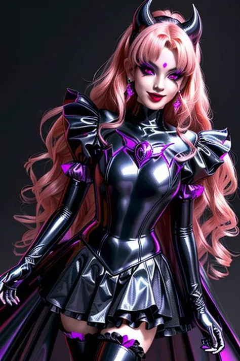 EvlSM, MEvil, Bad_End_Precure, DarkPrecure, adult, evil corrupted blonde princess wearing dark pastel (ruffled:1) (gleaming latex:1)  gown with (long latex cape:1) and latex elbow gauntlets, soft lighting, ruffles,
(red eyes, colored skin, glowing eyes, evil smile),
(makeup, lipstick, mascara, eyeshadow),
<lora:more_details:0.5>,