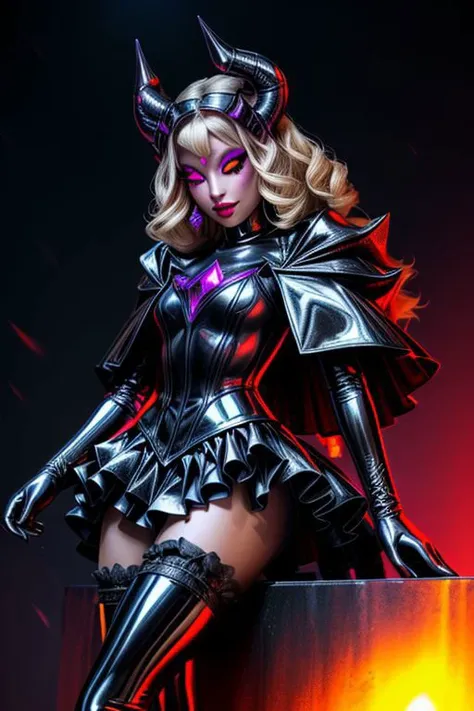 MEvil, DemonicT, EvlSM, Bad_End_Precure, DarkPrecure, adult, evil corrupted blonde princess wearing dark pastel (ruffled:1) (gleaming latex:1) gown with (long latex cape:1) and latex elbow gauntlets, soft lighting, ruffles,
(makeup, lipstick, mascara, eyeshadow),
(blue skin, black sclera, colored sclera, colored skin, yellow eyes, demon wings, demon horns, slit pupils),
(red eyes, colored skin, glowing eyes, evil smile:1),
<lora:more_details:1>,