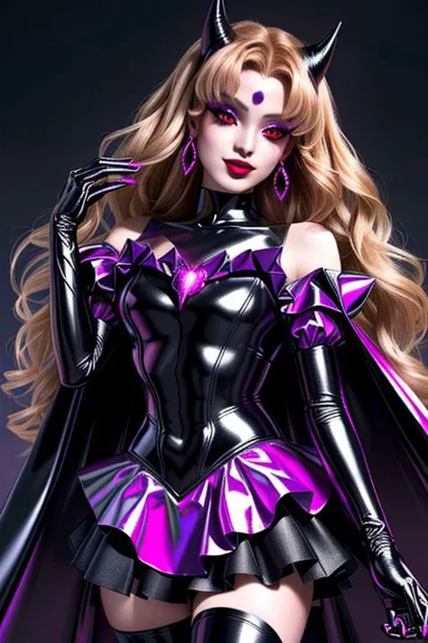 EvlSM, MEvil, Bad_End_Precure, DarkPrecure, adult, evil corrupted blonde princess wearing dark pastel (ruffled:1) (gleaming latex:1) gown with (long latex cape:1) and latex elbow bridal gauntlets, soft lighting, ruffles,
(red eyes, colored skin, glowing eyes, evil smile:1),
(makeup, lipstick, mascara, eyeshadow:1),
<lora:more_details:0.5>,