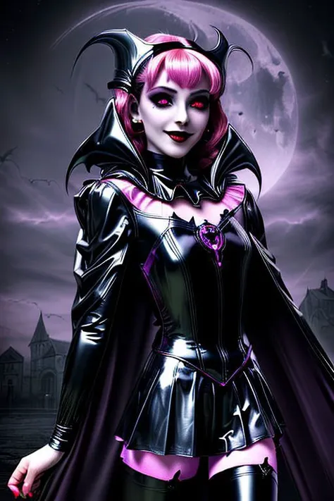 MEvil, EvlSM, Bad_End_Precure, DarkPrecure, adult, evil corrupted blonde princess wearing dark pastel (ruffled:1) (gleaming latex:1) (sailor senshi uniform) with (long latex vampire cloak:1.5) and latex gauntlets, soft lighting, ruffles,
( long legs, crescent, crescent facial mark, makeup, lipstick, mascara, eyeshadow),
(red eyes, colored skin, glowing eyes, evil smile),
(vmpr),
<lora:more_details:0.5>,