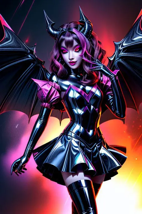 MEvil, DemonicT, EvlSM, Bad_End_Precure, DarkPrecure, adult, evil corrupted princess wearing dark pastel (ruffled:1) (gleaming latex:1) gown with (long latex cape:1) and latex gauntlets, soft lighting, ruffles,
(makeup, lipstick, mascara, eyeshadow),
(blue skin, black sclera, colored sclera, colored skin, yellow eyes, demon wings, demon horns, slit pupils),
(red eyes, colored skin, glowing eyes, evil smile),
<lora:more_details:1>,