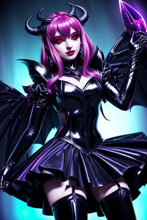 MEvil, DemonicT, EvlSM, Bad_End_Precure, DarkPrecure, adult, evil corrupted princess wearing dark pastel (ruffled:1) (gleaming latex:1) gown with (long latex cape:1) and latex gauntlets, soft lighting, ruffles,
(makeup, lipstick, mascara, eyeshadow),
(blue skin, black sclera, colored sclera, colored skin, yellow eyes, demon wings, demon horns, slit pupils),
(red eyes, colored skin, glowing eyes, evil smile:1),
<lora:more_details:0.5>,