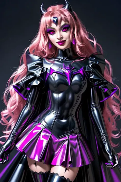 EvlSM, MEvil, Bad_End_Precure, DarkPrecure, adult, evil corrupted blonde princess wearing dark pastel (ruffled:1) (gleaming latex:1) gown with (long latex cape:1) and latex elbow gauntlets, soft lighting, ruffles,
(red eyes, colored skin, glowing eyes, evil smile),
(makeup, lipstick, mascara, eyeshadow),
<lora:more_details:0.5>,