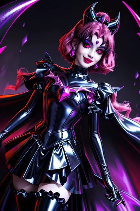 EvlSM, MEvil, Bad_End_Precure, DarkPrecure, adult, evil corrupted princess wearing dark pastel (ruffled:1) (gleaming latex:1) gown with (long latex cape:1) and latex elbow gauntlets, soft lighting, ruffles,
(red eyes, colored skin, glowing eyes, evil smile),
(makeup, lipstick, mascara, eyeshadow),
<lora:more_details:0.5>,