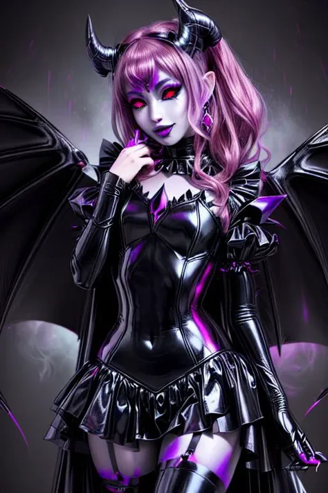 MEvil, DemonicT, EvlSM, Bad_End_Precure, DarkPrecure, adult, evil corrupted princess wearing dark pastel (ruffled:1) (gleaming latex:1) gown with (long latex cape:1) and latex gauntlets, soft lighting, ruffles,
(makeup, lipstick, mascara, eyeshadow),
(blue skin, black sclera, colored sclera, colored skin, yellow eyes, demon wings, demon horns, slit pupils),
(red eyes, colored skin, glowing eyes, evil smile),
<lora:more_details:1>,