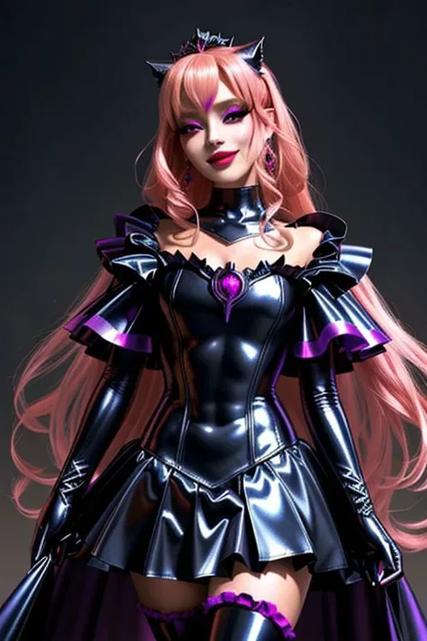 EvlSM, MEvil, Bad_End_Precure, DarkPrecure, adult, evil corrupted blonde princess wearing dark pastel (ruffled:1) (gleaming latex:1)  gown with (long latex cape:1) and latex elbow bridal gauntlets, soft lighting, ruffles,
(red eyes, colored skin, glowing eyes, evil smile:1),
(makeup, lipstick, mascara, eyeshadow:1),
<lora:more_details:0.5>,