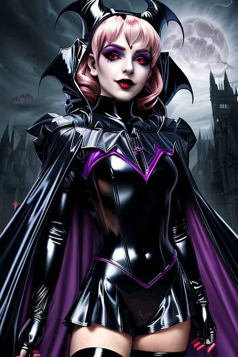 MEvil, EvlSM, Bad_End_Precure, DarkPrecure, adult, evil corrupted blonde princess wearing dark pastel (ruffled:1) (gleaming latex:1) (sailor senshi uniform) with (long latex vampire cloak:1.5) and latex gauntlets, soft lighting, ruffles,
( long legs, crescent, crescent facial mark, makeup, lipstick, mascara, eyeshadow),
(red eyes, colored skin, glowing eyes, evil smile),
(vmpr),
<lora:more_details:0.5>,