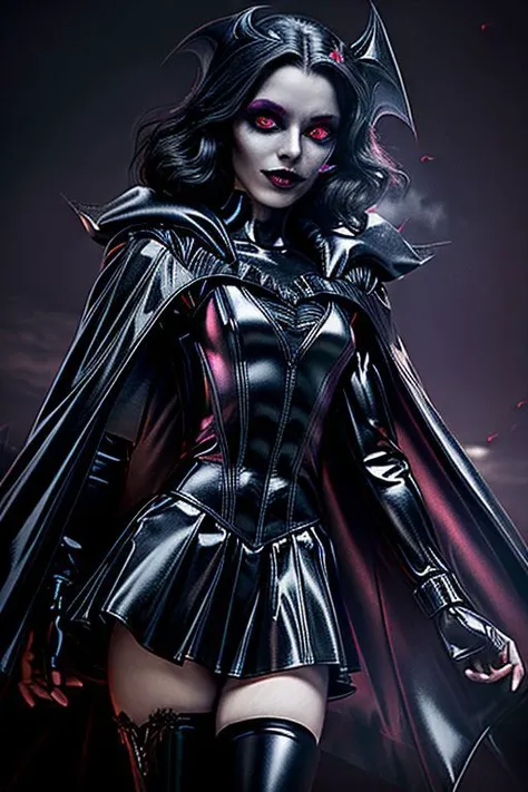 MEvil, EvlSM, Bad_End_Precure, DarkPrecure, adult, evil corrupted princess wearing dark pastel (ruffled:1) (gleaming latex:1) (sailor senshi uniform) with (long latex vampire cloak:1.5) and latex gauntlets, soft lighting, ruffles,
( long legs, crescent, crescent facial mark, makeup, lipstick, mascara, eyeshadow),
(red eyes, colored skin, glowing eyes, evil smile),
<lora:more_details:0.5>,
<lora:midjourney style:0.6>