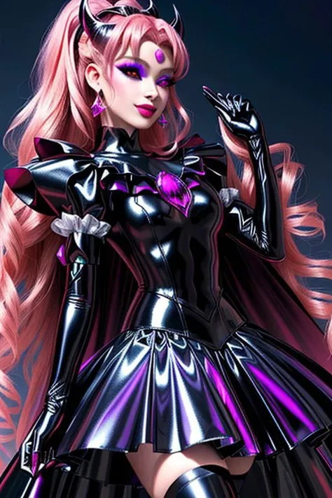 EvlSM, MEvil, Bad_End_Precure, DarkPrecure, adult, evil corrupted blonde princess wearing dark pastel (ruffled:1) (gleaming latex:1) gown with (long latex cape:1) and latex elbow gauntlets, soft lighting, ruffles,
(red eyes, colored skin, glowing eyes, evil smile:1),
(makeup, lipstick, mascara, eyeshadow:1),
<lora:more_details:0.5>,