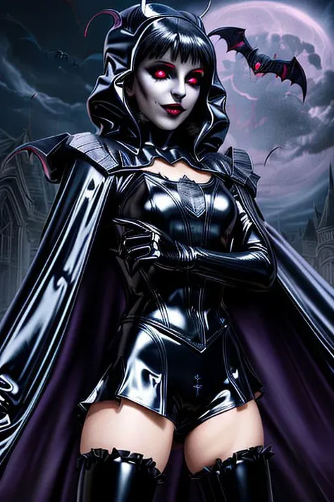 MEvil, EvlSM, Bad_End_Precure, DarkPrecure, adult, evil corrupted princess wearing dark pastel (ruffled:1) (gleaming latex:1) (sailor senshi uniform) with (long latex vampire cloak:1.5) and latex gauntlets, soft lighting, ruffles,
( long legs, crescent, crescent facial mark, makeup, lipstick, mascara, eyeshadow),
(red eyes, colored skin, glowing eyes, evil smile),
(vmpr),
<lora:more_details:0.5>,