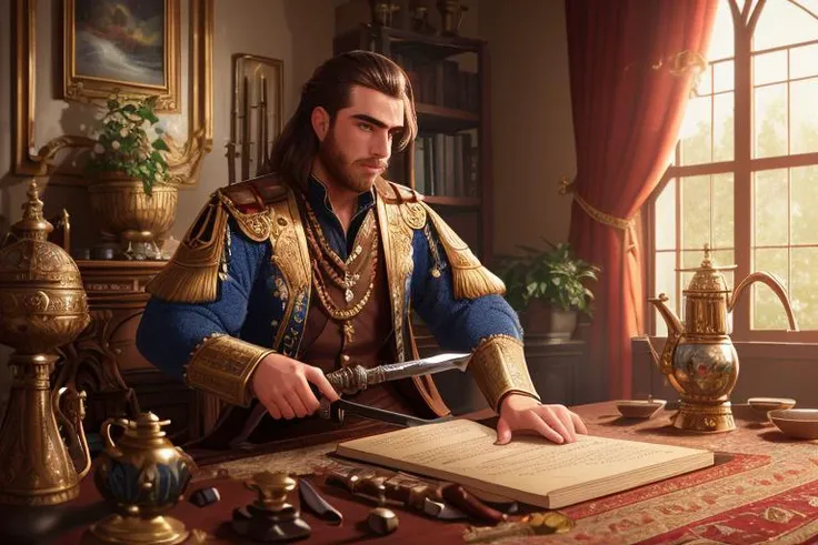 cinematic shot,Hyper-realitstic close-up photo of young, 27 year old Turskish warrior with handsome face, sharpening his scimitar in South European castle,decorated rugs,jewelry scattered,clutter,cluttered hall,window,vivid colors,volumetric light,Kodak Gold,analog style,dslr noise,shot on Nikon D3300,swords,weapon rack,sparkling treasure,plants,overgrowth,Jannisaries,Kilij,Turkish Coffee pot,manuscripts,scar on cheek,volumetric fog,trending on artstation,50mm,f/1.5