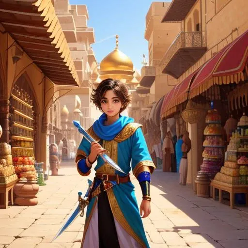 photo of cute Middle-Eastern Tomboy princess in front of Arabian market, holding a magic lamp,rown hair with orange highlights,hyper-realistic,cluttered,ombre hair,boyish girl,weapons,sword in belt,Arabian nights,Agrabah,sultan's guards,busy street